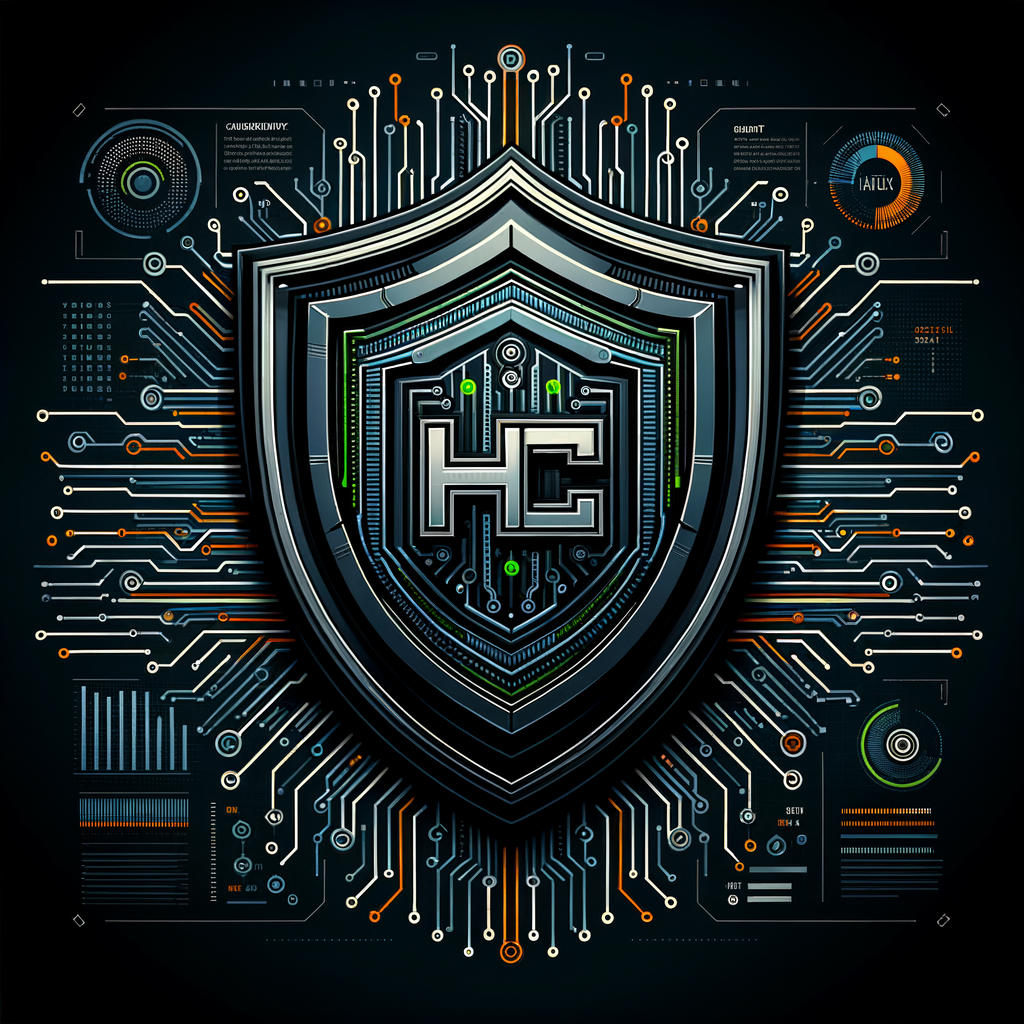 Create a refined and high-definition graphic for 'Hogge Cybersecurity's 2023-2024 Cyber Threat Landscape' that exudes modern sophistication and a high-tech vibe. The design should be centered around a shield, signifying strong protection, and feature intricate digital circuitry patterns that are indicative of advanced cybersecurity technology. Within the shield, place the initials 'HC' in a bold, stylized font that is modern and sleek, making it stand out as the company's monogram. The color scheme should consist of dark blue and gray for the shield's background, complemented by vibrant green and orange accents that highlight the circuit details and initials, suggesting innovation and energy. The graphic should communicate resilience, advanced security, and technical expertise without any additional text or taglines. This design will serve as the brand identity for 'Hogge Cybersecurity', representing the company's commitment to excellence in the cybersecurity industry and will be the cover design of Hogge Cyber’s Annual Threat Report, featuring graphs and cyber icons representing data sources like incident responses, threat intelligence feeds, and security research.